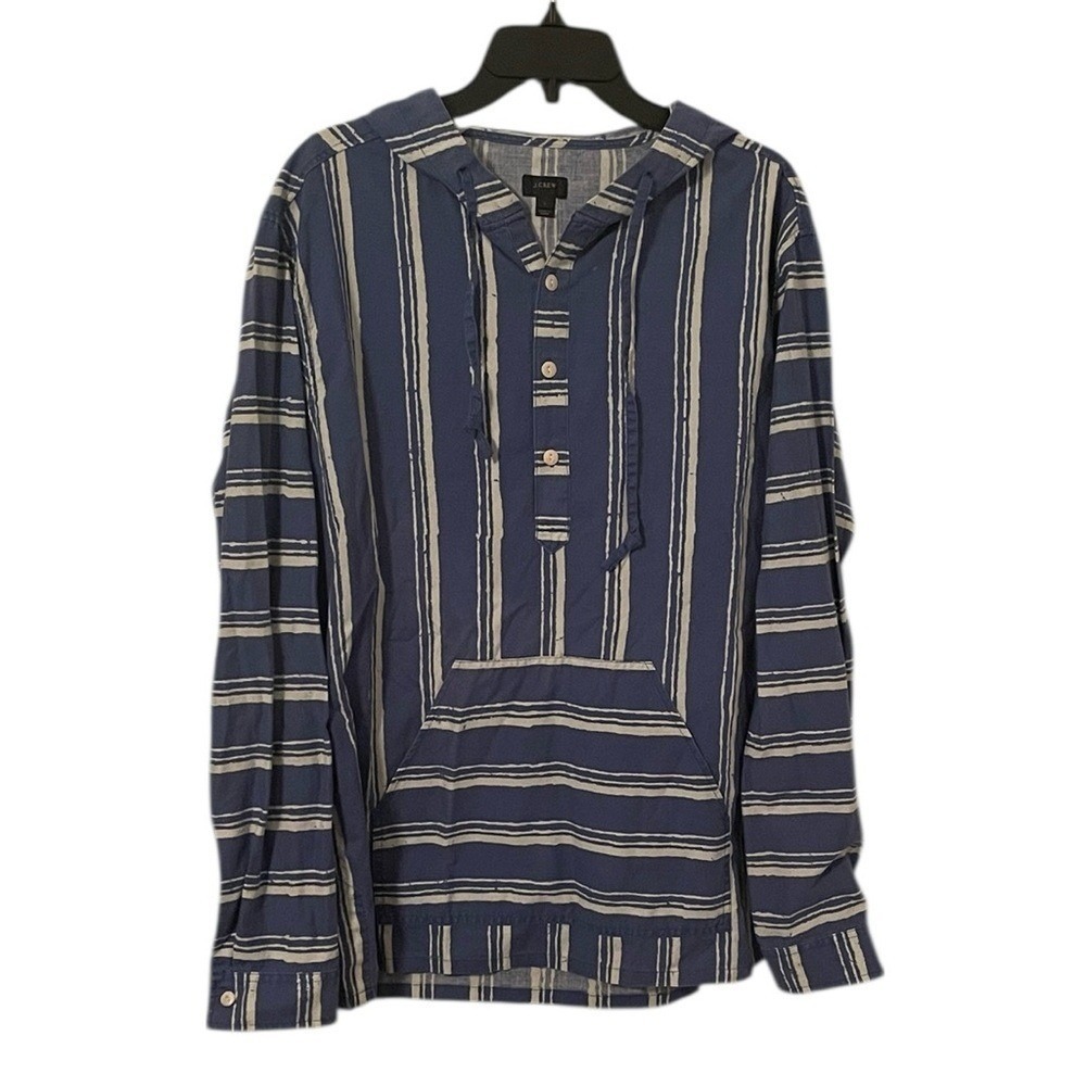 J. Crew Men's Blue White Cotton Striped Shirt Hoodie Sweatshirt Size L